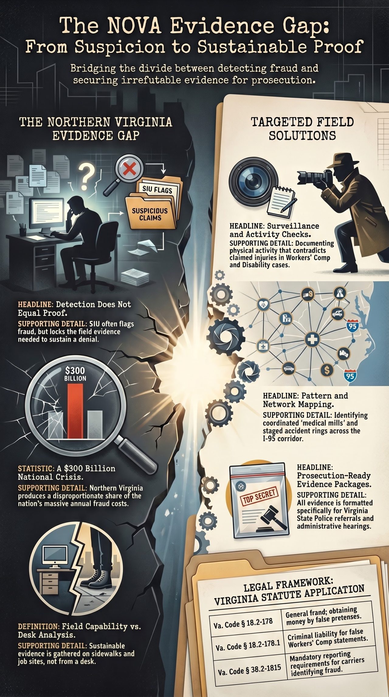 healthcare provider fraud investigation, arson for profit investigation Virginia, auto theft insurance fraud investigator, disability fraud investigation Virginia, insurance claim surveillance Northern Virginia, PLRG insurance fraud investigation