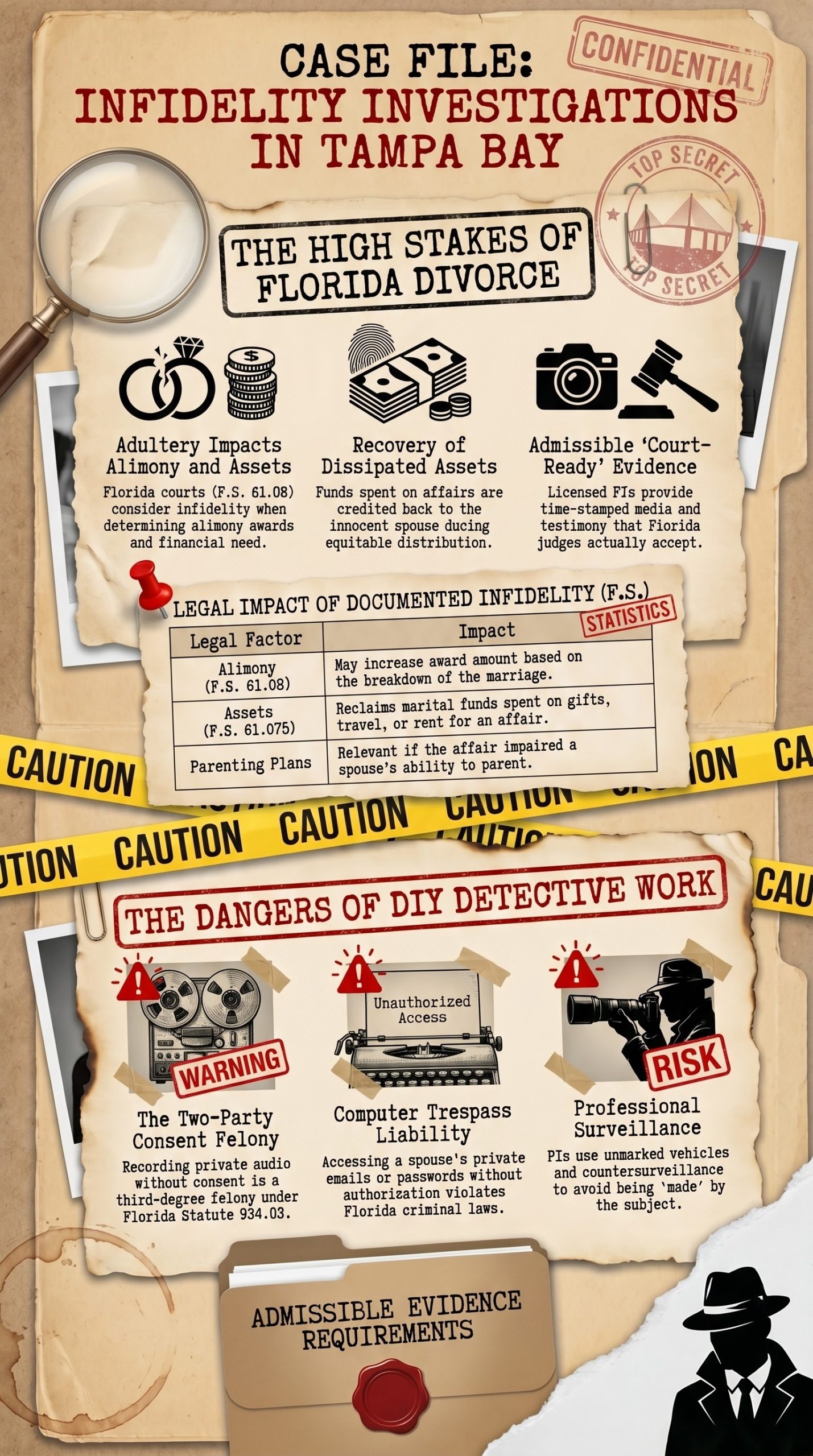 alimony impact investigation Florida, marital asset dissipation investigation Florida, court ready infidelity evidence Florida, GPS tracking infidelity investigation Florida, financial infidelity investigation Tampa Bay