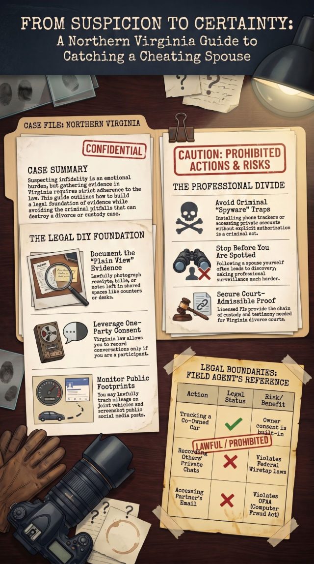 infidelity evidence for custody Virginia, Fairfax VA private investigator infidelity, adultery proof Virginia law, spouse cheating investigation Arlington VA, how to gather evidence adultery VA, Northern Virginia PI services infidelity